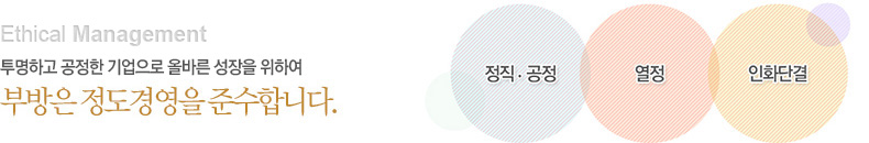 투명하고 공정한 기업으로 올바른 성장을 위하여 부방은 정도경영을 준수합니다.